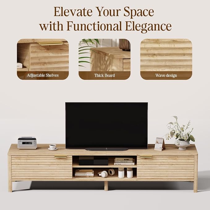 IKALIFE TV Stand for Living Room - up to 80 Inch TVs Mid Century Modern Entertainment Center with Storage and Adjustable Shelves, Media Console Table Oak 71"