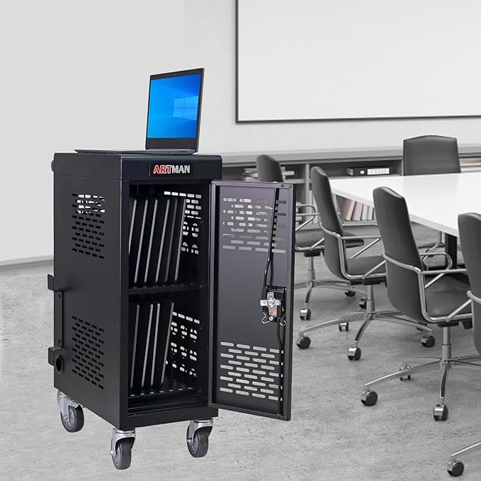 Aokleo 16 Devices Laptop Charging Cart,Tablet Storage Carts for pad Up to 16.3" Screen Size, Classroom Computer Mobile Charging Station for Pads, Chromebooks,Laptops, Security Storage(16 Bay-Black)
