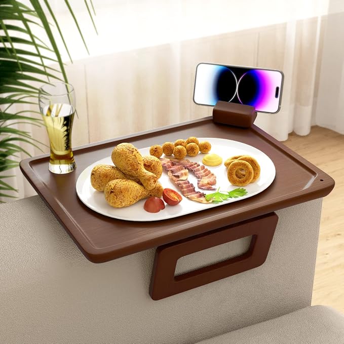 Smatdecis Couch Arm Tray Table Sofa Arm Clip, Armrest Tray Table Suitable for Home Drinks/Fast Food/Fruit Etc, Large Size Multi-Function Brown(360° Rotating Stand B)