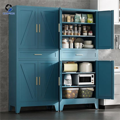 COFaR 71 in Tall Kitchen Pantry Cabinet, Metal Pantry Storage Cabinet with 4 Adjustable Shelves and 4 Barn Doors, Freestanding Farmhouse Food Cupboard for Dining Room, Peacock Blue 6-Tier