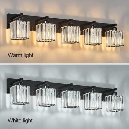 Modern Bathroom Vanity Light 5-Lights Plating Black Crystal Bathroom Wall Light Vanity Light Fixtures