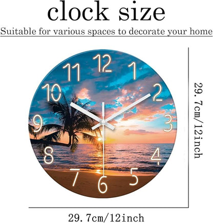 XFM Blue Nautical Beach Wall Clocks Battery Operated Palm Tree Wall Clocks for Living Room 12 Inch Round Glass Silent Wall Clock Non Ticking Sunset Clock