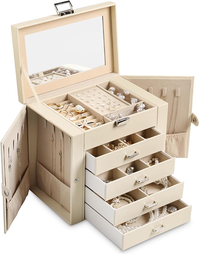 Frebeauty 5-layer Jewelry Box,Faux Leather Jewelry Organizer with 4 Drawers,Jewelry Organizers and Storage with Mirror,Jewelry Holder Organizer for Necklace,Jewerly Boxes for Women Girls(Beige)