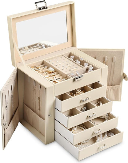 Frebeauty 5-layer Jewelry Box,Faux Leather Jewelry Organizer with 4 Drawers,Jewelry Organizers and Storage with Mirror,Jewelry Holder Organizer for Necklace,Jewerly Boxes for Women Girls(Beige)