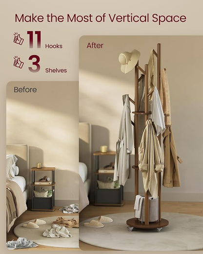 VASAGLE Freestanding Coat Rack Stand, Coat Tree with 11 Hooks, 3 Shelves, 4 Removable 360° Swivel Wheels, Wooden Hooks and Poles, for Entryway, Bedroom, Living Room, Walnut Brown URCR023K01
