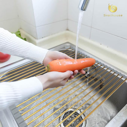 Snailhouse Roll Up Dish Drying Rack, Stainless Steel Dish Drainer Over The Sink with Anti-Slip Silicone for Kitchen Counter, Gold (17.8 x 11.8 in) | Stainless Steel Dish Drainer Over the Sink with Anti-Slip Silicone