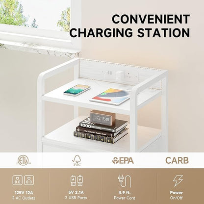 Lazzanto Night Stand Bedside Charger Bedroom - Nightstand with Charging Station, 2 U-S-B Ports & 2 AC Outlets, Tall Bed Side Table with LED Light Strip, Storage Shelf & 4 Fabric Drawers, White