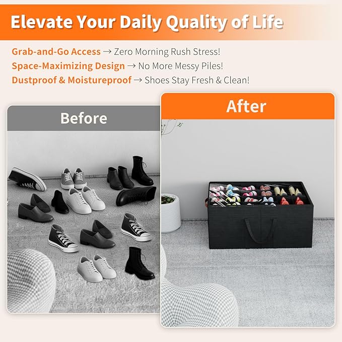 Aokeyee Shoe Organizer for Closet, 2 Pack Large Shoe Storage Box Fits up to 24-48 Pairs, Space Saving Foldable Shoes Organizer Bin w/Clear Cover and 4 Reinforced Handles, Black