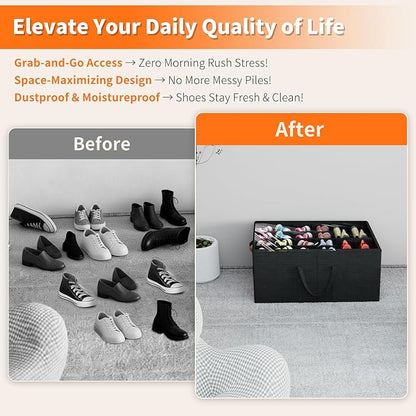 Aokeyee Shoe Organizer for Closet, 2 Pack Large Shoe Storage Box Fits up to 24-48 Pairs, Space Saving Foldable Shoes Organizer Bin w/Clear Cover and 4 Reinforced Handles, Black