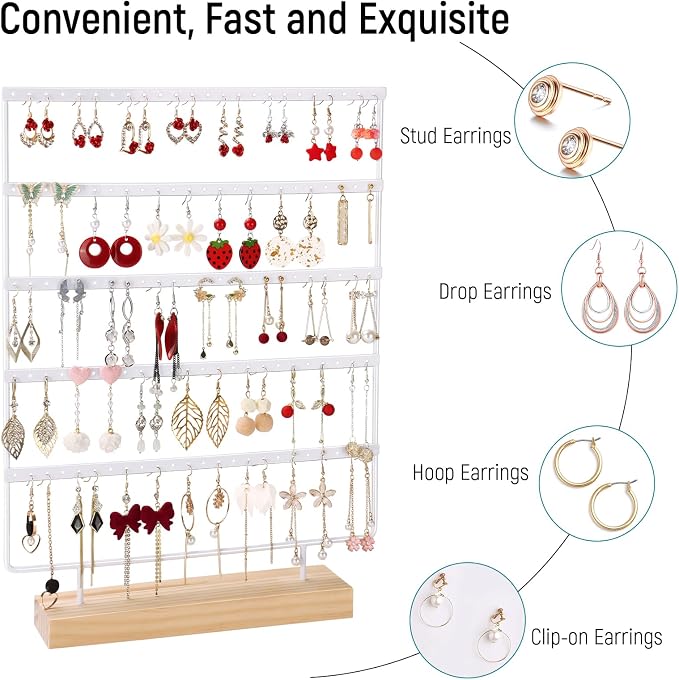 Earring Holder Organizer, 5-Tier Earring Organizer with 60-Pair Capacity, Wooden Base Metal Earring Display, Jewelry Storage & Display for Home Store, Suitable for Women