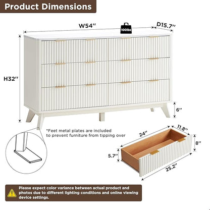 T4TREAM Fluted 6 Drawers Dresser, 54" Wide Modern Chest of Drawers with Faux Marble Top, Curved Profile Design, Dresser TV Stand, Wood Drawer Organizer for Bedroom, Living Room, Hallway, Solid White