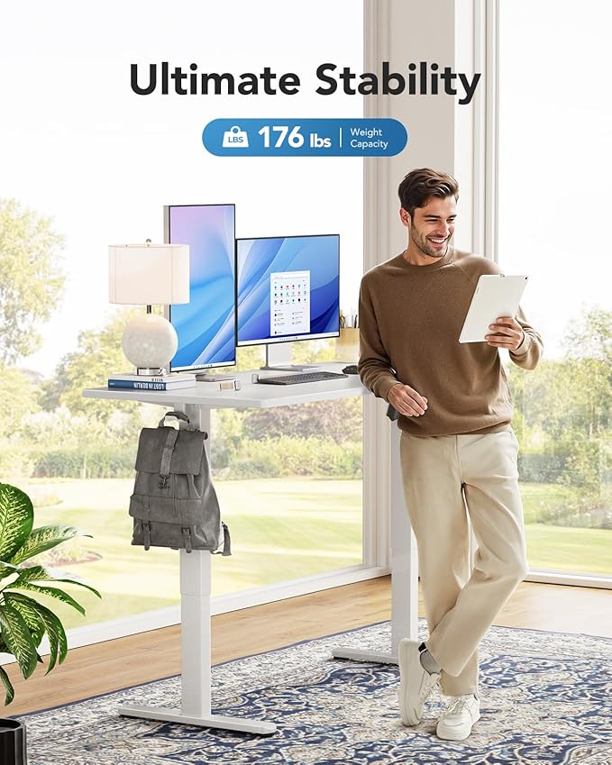 HUANUO Electric Standing Desk, Whole Piece Desktop, Adjustable Height Computer Desk, 4 Height Memory Settings, Sit Stand Up Desk for Home Office, 40" x 24", White
