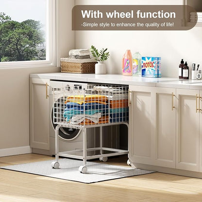 Rolling Laundry Basket with Wheels,80L Wire Laundry Cart with Pull Handle,White High Laundry Basket Cart for Laundry Room,Bathroom,Bedroom-White(23.6 * 15.75 * 28inch)