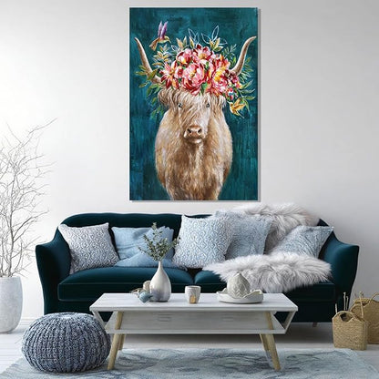 ZENPEE Highland Cow Canvas Wall Art with Pink and Blue Background, Farmhouse Wall Decor for Bedroom, Living Room, Office, Hallway, 24" x 36"