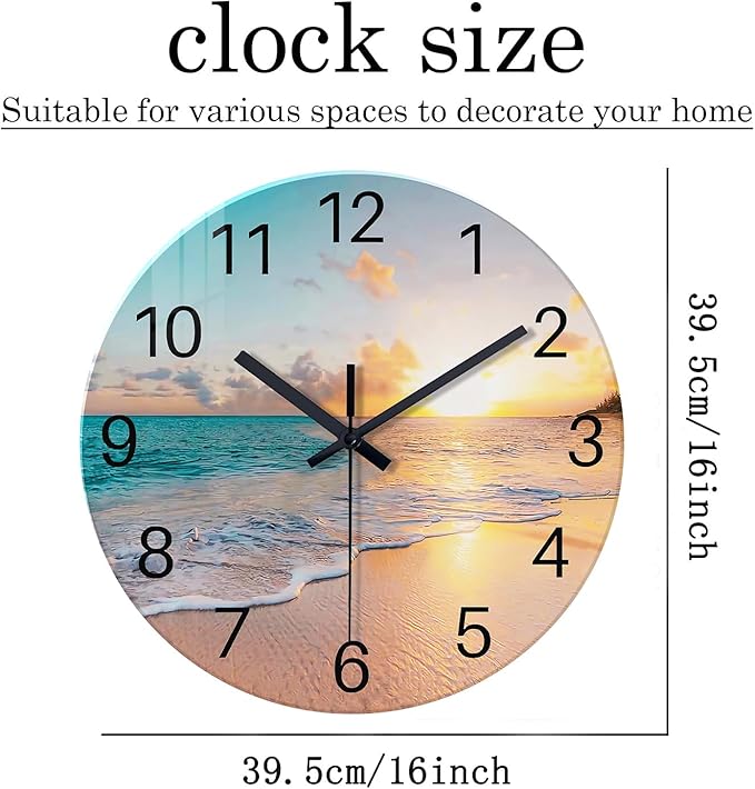 Beach Wall Clock Silent Analog Glass Wall Clocks Battery Operated 16 Inches or Larger Blue Clocks for Living Room