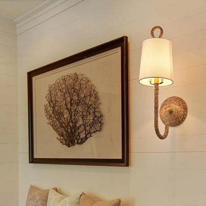 Natural Rattan Wall Sconce Set of 2, with Boho Woven Wicker and Creamy-White Fabric Shade for Vanity Stairway Fireplace Living Room Bedside Passway Hallway