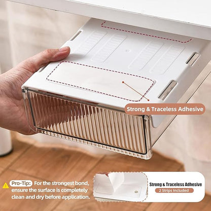 2Pcs Under Desk Storage Drawers Slide Out,Large&Medium,Stick On Drawers,Under Desk Organizer Hidden Under Table Drawer for Home Office School Organization and Storage-Clear White