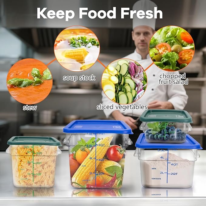 4 Pack Food Storage Containers with Red Lids, 12.0 Qt - Square, Clear, Polycarbonate, for Restaurant Commercial Kitchen and Home party