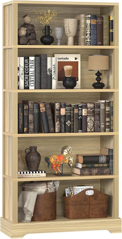 TVU 5-Tier Wooden Bookshelf, 65" Tall Farmhouse Style Open Bookcase, 31.5" W Standing Book Shelf with Storage, Suitable for Study, Living Room, Office, Natural Wood Color