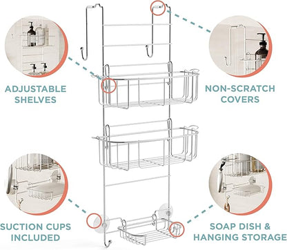 Zenna Home Shower Caddy Hanging Over the Shower Door Organizer, Stainless Steel Rack with 2 Shelves and Built in Hooks, Bathroom Organizer Shelf for Inside Shower, Chrome