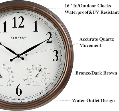 CLXEAST Indoor Outdoor Clocks Waterproof 16 Inch, Large Outdoor Clock Thermometer Combo& Hygrometer,Bronze/Dark Brown Finish,House Warming Gifts New Home