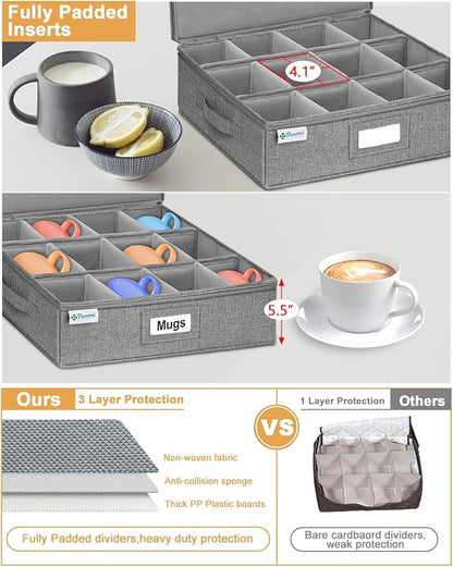 punemi Mug Storage Organizer w/Hard Shell Sides & Bottom, Padded Dividers, 2-Pack Stackable Coffee Mug Storage Boxes for Tea Cups, China Storage Containers for Packing & Moving