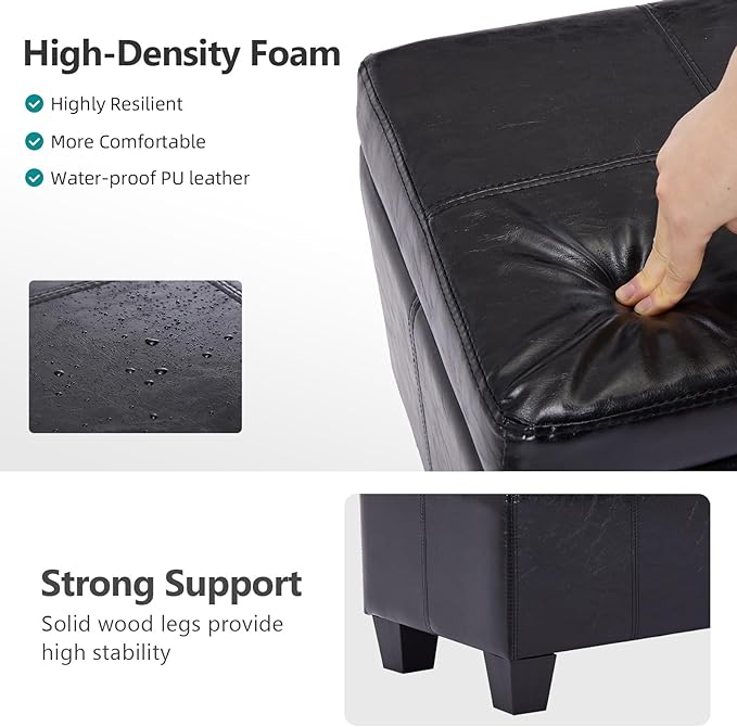 Faux Leather Ottoman with Storage, 41" Storage Bench Foot Rest with Legs, Ottoman Bench Sturdy Wood Frame Supports 660 lbs for Bedroom, Living Room, Entryway, Black