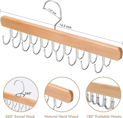 NECAMOCU 2 Pack Bra Hanger for Closet Organizer, Premium Wooden Tank Top Hangers with 36 Foldable Hooks, 360° Rotating Design, Space Saving Storage for Tank Tops, Bras, Scarves and More