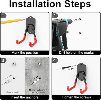 WALMANN 12 PCS Garage Storage System Hooks, Wall Mount Heavy Duty Rubber Coated Utility Hooks for Garden Tools, Ladders, Cords, Folding Chairs, Weed Eaters, Shovels and Rakes