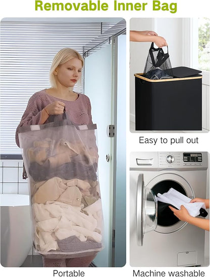 efluky Double Laundry Hamper with Wheels, Divided Laundry Hamper with Removable Bags, 2 Section Dirty Clothes Basket with Handles for Bathroom, Bedroom & Laundry Room, 160L Dark Black