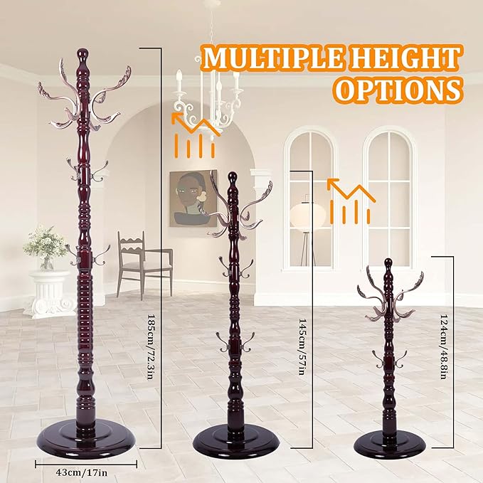 Wooden Coat Tree Freestanding with Metal Hooks, Coat Hanger Stand Clothing Tree with Adjustable Height 47’’-72.8’’, Modern Freestanding Coat Rack for Entrance, Office, Living Room, Bedroom, Corridor