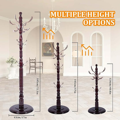 Wooden Coat Tree Freestanding with Metal Hooks, Coat Hanger Stand Clothing Tree with Adjustable Height 47’’-72.8’’, Modern Freestanding Coat Rack for Entrance, Office, Living Room, Bedroom, Corridor