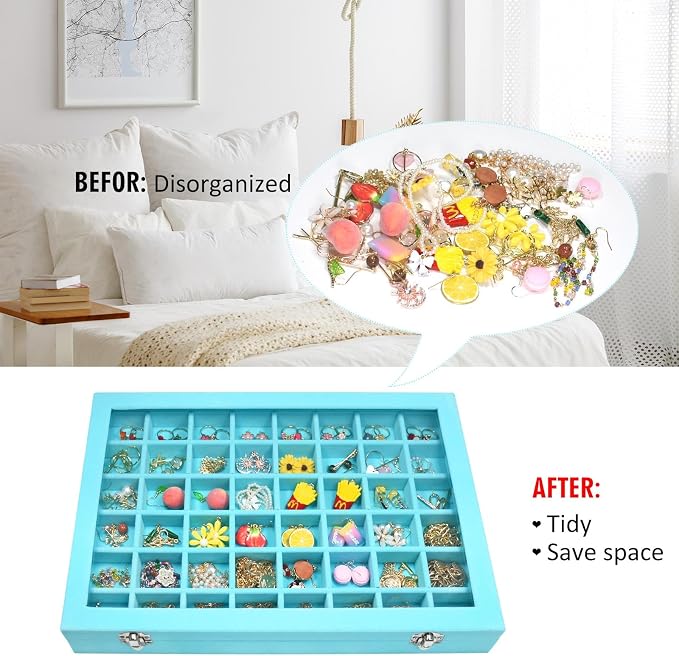 Vicoter Velvet Jewelry Tray 48 Compartments Jewelry Display Organizer with Transparent Cover Rings, Earrings, Necklaces, Pendants Storage Box for Girls, Wives, Mothers, Women