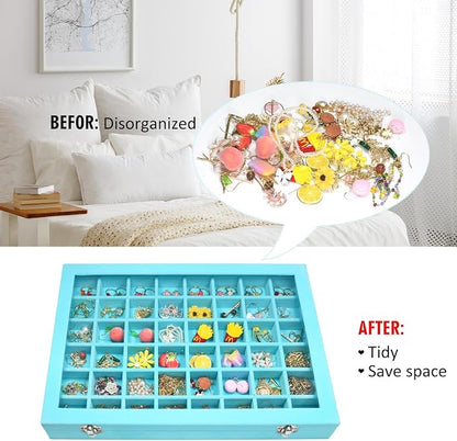 Vicoter Velvet Jewelry Tray 48 Compartments Jewelry Display Organizer with Transparent Cover Rings, Earrings, Necklaces, Pendants Storage Box for Girls, Wives, Mothers, Women