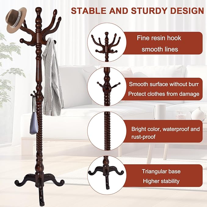 Wooden Coat rack freestanding, Coat racks stand with 11 Hook, Heavy duty coat tree standing 2 Adjustable Heights for Bedroom, Entryway, Hallway, Office,Stury Base (Brown triangle)
