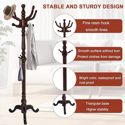 Wooden Coat rack freestanding, Coat racks stand with 11 Hook, Heavy duty coat tree standing 2 Adjustable Heights for Bedroom, Entryway, Hallway, Office,Stury Base (Brown triangle)