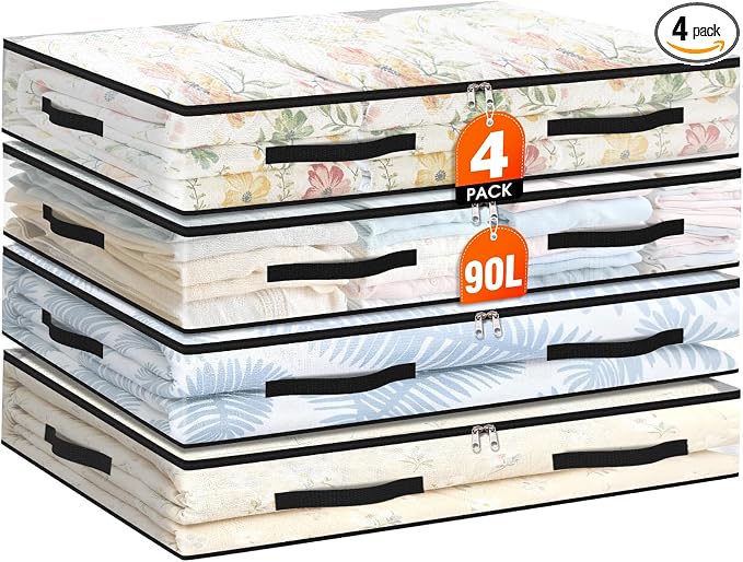 4 Pack Under Bed Storage Bags, 90L Foldable Clear Storage Containers with Handles, Dual Zippers for Comforter, Clothes, Bedding, Linen Sheets, Sweaters, Blanket Storage