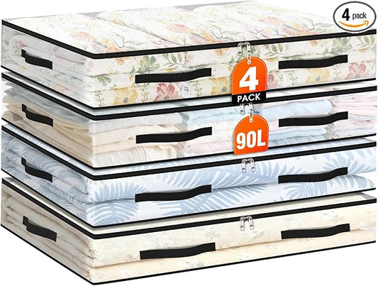 4 Pack Under Bed Storage Bags, 90L Foldable Clear Storage Containers with Handles, Dual Zippers for Comforter, Clothes, Bedding, Linen Sheets, Sweaters, Blanket Storage