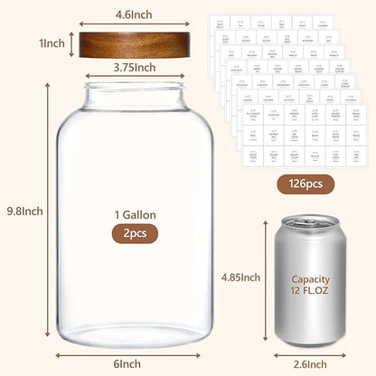 KEYWING 1 Gallon Large Glass Jars With Airtight Lid, 2Pcs Glass Food Storage Containers With Lids, Flour Rice Contianers for Pantry Kitchen Organization Egg Cookie Sugar Cereal (128 oz /3800ml)