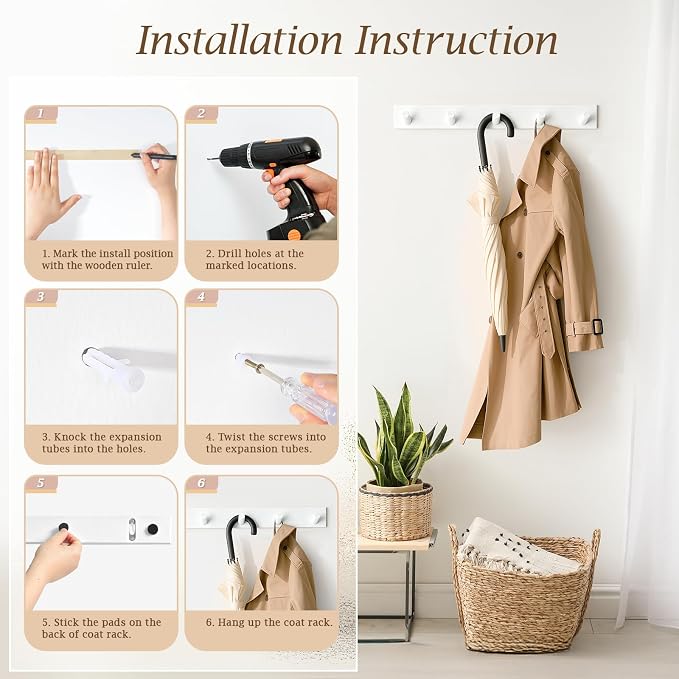 Coat Rack Wall Mount, Wooden Coat Hanger with 5 Hooks, Heavy Duty, White, 1 Pcs