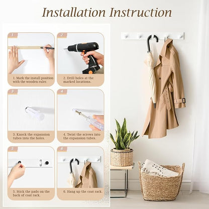Coat Rack Wall Mount, Wooden Coat Hanger with 5 Hooks, Heavy Duty, White, 1 Pcs