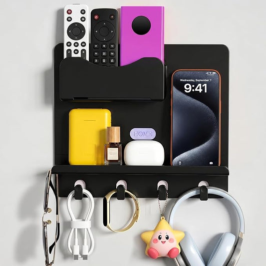 Bedside Shelf Wall Mount, Adhesive Bedside Shelf Accessories Organizer with Hooks and Cable Clips,Dorm Bedside Wall Storage for Phone, Remote, Earphone,Plastic (Black)