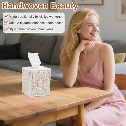 Macrame Tissue Box Cover, 6 Pack Square Boho Decor Tissue Holder, Handmade Woven Cotton Rope Organizer with Open Bottom for Bedroom, Bathroom, Living Room, Office - Ivory