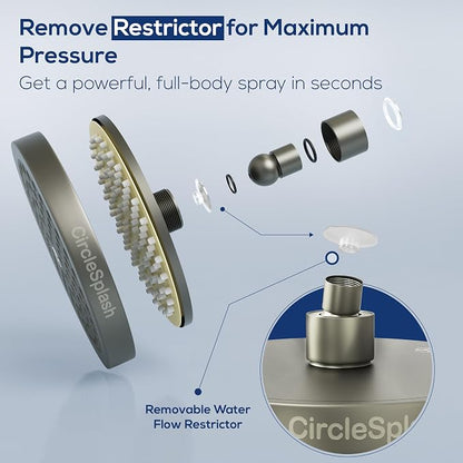 High Pressure Shower Head - Anti-Clogging Silicone Nozzles 2.5 GPM Removable Restrictor - Easy to Clean and Install - Includes Plumbers Tape - 6 inch - (Matte Grey, 2.5GPM)