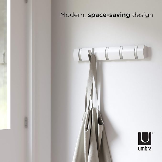 Umbra Flip Wall-Mounted Coat Rack with 5 Hooks – Modern, Space-Saving Storage for Hats, Jackets, Bags, Entryway, Mudroom, Closet, Bathroom, Bedroom – White/Nickel