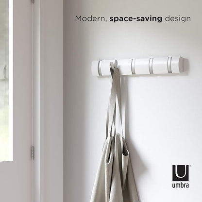 Umbra Flip Wall-Mounted Coat Rack with 5 Hooks – Modern, Space-Saving Storage for Hats, Jackets, Bags, Entryway, Mudroom, Closet, Bathroom, Bedroom – White/Nickel