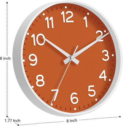 Roymnie Wall Clock, Silent Wall Clocks Battery Operated 8 Inch-Modern Non Ticking Analog Clock Decorative for Kitchen Office Bathroom Bedroom(Orange)