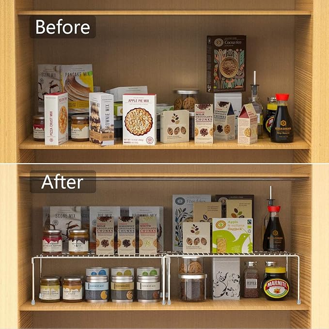 Set of 2 Kitchen Cabinet Organizer Shelves, Stackable Organizer and Storage for Cabinet Cupboard, Expandable Shelf Risers Plate Rack with Anti-slip Plastic Liner