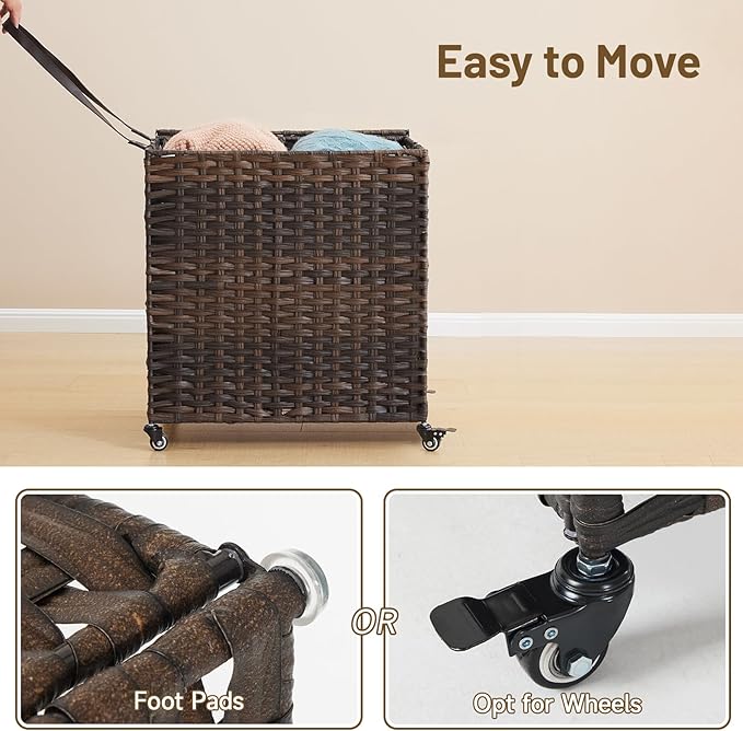 Laundry Hamper with Wheels, 39.6 Gallon(150L) Rolling Laundry Basket with Lid, Removable Large 2 Color Liners & 3 Mesh Laundry Bags, Clothes Hamper with Side Pocket, Brown