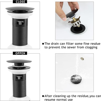 Bathroom Sink Drain,2 Pack Drain Stopper with Overflow,Pop Up Drain Assembly with Detachable Strainer Basket,Built-in Anti-Clogging, Stainless Steel Nut Mattle Black